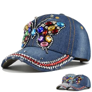 Cappellino da Baseball in Denim con Strass a Farfalla di Lusso per Donna Cappello da Sole in Cotone con Cristalli Luccicanti Berretto Trucker Lavato alla Moda Copricapo all'aperto