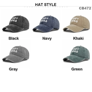 Vintage washed cotton baseball caps with XOXO embroidery in five different colors