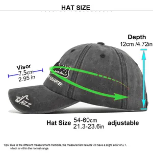 Size guide for vintage washed baseball cap showing dimensions for brim, depth, and circumference