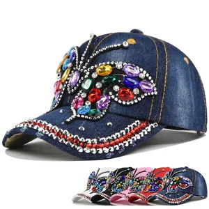 Butterfly Rhinestone Cotton Denim Baseball Cap For Women Colorful Crystal Sparkly Butterfly Hat Adjusted Fashion Sun Hat
