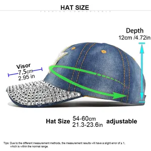 Tableau des tailles détaillé pour la casquette en denim strass avec mesures de la visière