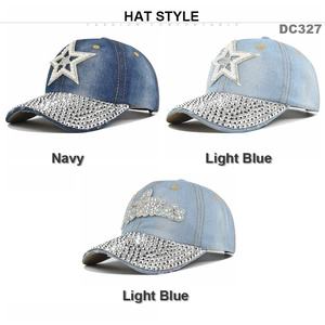 Casquettes de baseball en jean avec étoiles en strass et cristaux en bleu marine