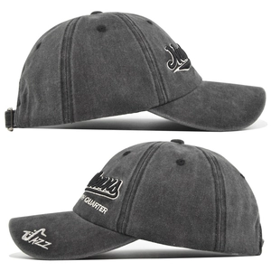 Detail showing vintage washed gray baseball cap side profile with white Jazz embroidery