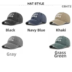 Multiple colors of washed cotton baseball caps with 3D XOXO heart embroidery