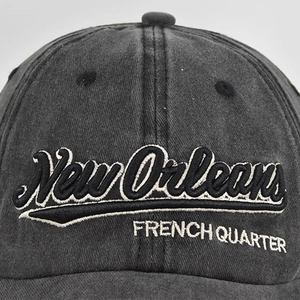 Vintage washed dark gray baseball cap featuring New Orleans French Quarter 3D embroidery