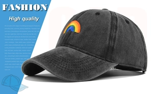 Macro detail of the 3D rainbow embroidery and distressed washed grey fabric on the cap