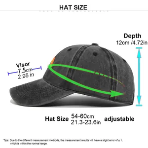 Sizing guide for washed cotton baseball cap showing adjustable strap and brim dimensions