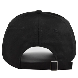 Rear view of black baseball cap with adjustable fabric strap and silver metal buckle