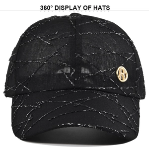 Detail view of black baseball cap with silver line texture and golden R logo