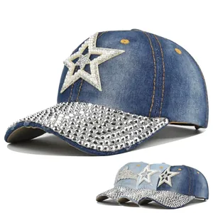 Casquette de Baseball en Denim pour Femmes Avec Strass Étoile Künstliche Perle Incrustée Casquette en Denim Étincelante Réglable pour Protection Solaire Accessoires de Mode Décontractés d'Extérieur