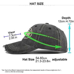 Size guide for vintage New Orleans baseball cap with adjustable strap and washed denim fabric