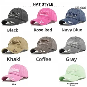 Macro display of vintage washed cotton baseball caps in eight different colors with embroidery