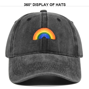 Detailed view of rainbow embroidery on vintage washed grey cotton baseball cap