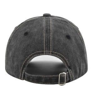 Detail of vintage washed baseball cap back with adjustable silver metal buckle strap