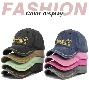Detailed grid of washed cotton baseball caps showing 3D embroidery and vintage texture