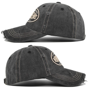Detail of distressed grey baseball cap with vintage wash and JEANS patch embroidery