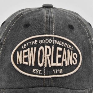 Vintage dark gray washed cotton baseball cap with New Orleans embroidery patch design
