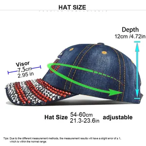 Detailed size guide for rhinestone baseball cap featuring head circumference and visor length