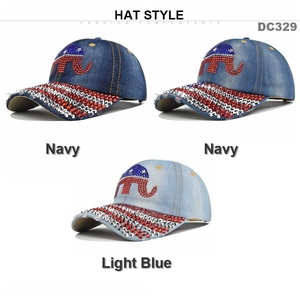 Sparkling denim baseball cap with elephant pattern and red white blue rhinestones