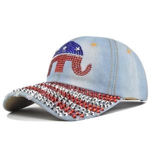 Denim baseball cap with rhinestone elephant design and American flag style brim decor