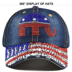 Sparkling denim baseball cap with elephant rhinestone pattern and striped crystal brim