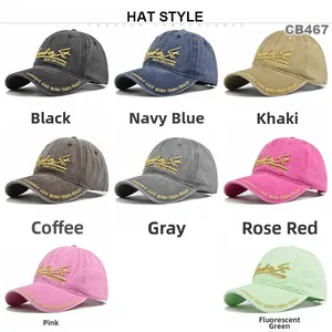 Detailed grid view of washed cotton baseball caps showing 3D embroidery and vintage textures