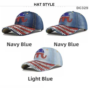 Detail view of denim baseball hats with shiny rhinestones elephant and flag patterns