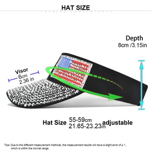 Size guide for rhinestone baseball hat showing adjustable circumference 55-59cm and 6cm visor