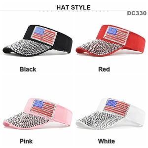 Sparkling US flag baseball caps with rhinestones in black, red, pink, and white options