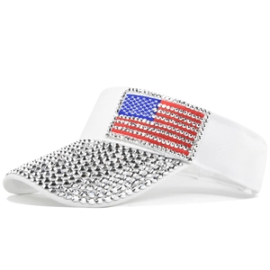 White sun visor hat with sparkling rhinestones and an American flag pattern design