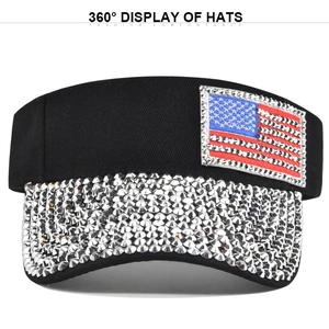 Sparkling black sun visor hat with rhinestone brim and American flag side patch