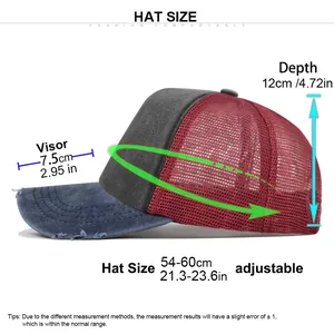 Size chart showing adjustable 54-60cm circumference for washed mesh baseball cap