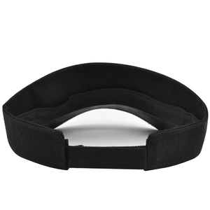 Close-up of black cotton canvas sun visor cap showing twill texture and velcro strap