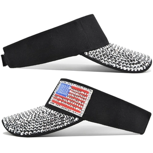 Close-up of black sun visors with rhinestone-studded brims and US flag patch detail