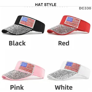 Detail view of sparkly US flag rhinestone visors in black, red, pink, and white colors