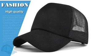Close-up of black trucker hat with breathable mesh back and reinforced curved brim