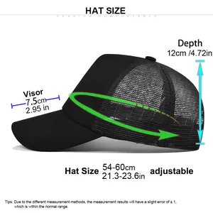 Size chart for adjustable mesh trucker hat with 54-60cm circumference and 7.5cm visor length