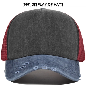 Vintage washed cotton baseball cap with blue distressed denim brim and red mesh back