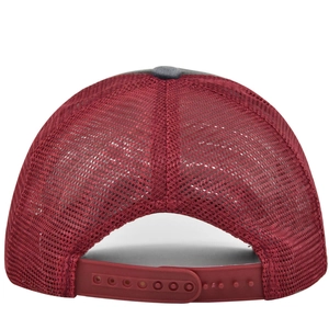 Rear view of red mesh trucker hat with adjustable snapback closure and gray fabric