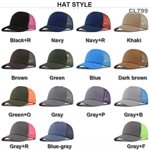 Collection of breathable mesh trucker hats CL799 in various colors and contrast panels