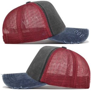 Detailed side view of tri-color distressed trucker hat with breathable mesh and frayed brim