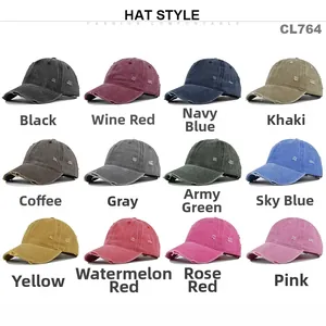 Detail view of 12 assorted colors of distressed baseball caps with vintage washed finish