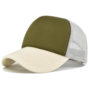 Detail view of olive and cream trucker hat with mesh back and reinforced stitched brim