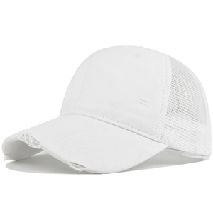 Detailed side view of white distressed trucker hat with vintage mesh and frayed brim detail