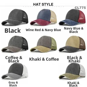 Grid view of washed mesh baseball caps in eight distressed colorways and vintage style