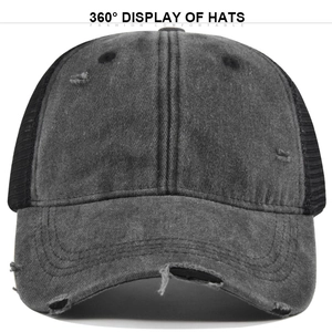 Distressed dark grey washed denim baseball cap with mesh back and vintage torn brim details