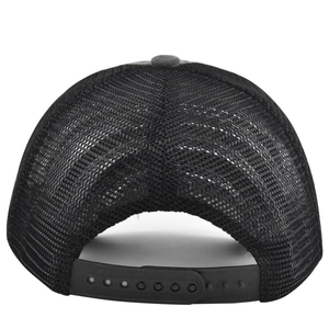 Detailed back view of black trucker hat with mesh panels and adjustable snapback closure