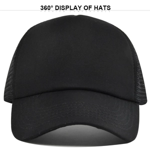 Close-up of black mesh trucker hat showing reinforced stitching and breathable netting