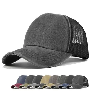 Vintage washed mesh trucker hat with distressed brim and breathable back for adults