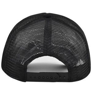 Rear view of black mesh trucker hat showing the adjustable plastic snap closure strap